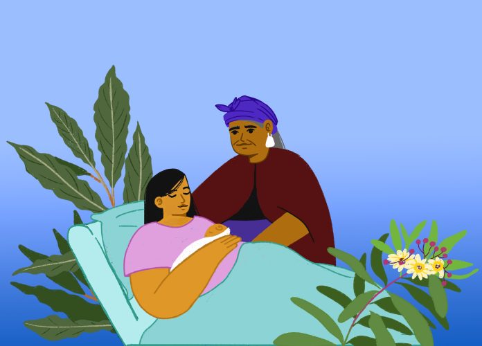 Mujeres mapauches con bebé recién nacido